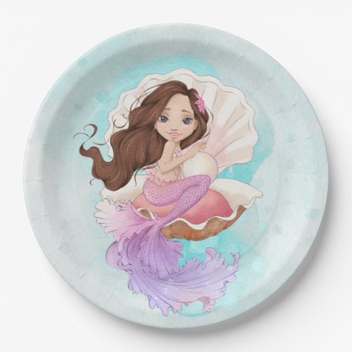 Under the Sea Mermaid Brunette in Oyster Shell  Paper Plates