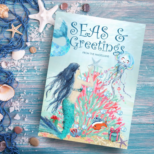 Under the Sea Mermaid Coral Christmas Tree Holiday Card (Creator Uploaded)