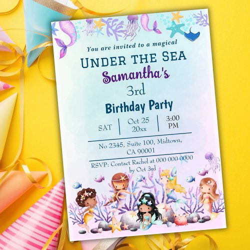 Under the sea mermaid cute kids blue 3rd birthday invitation