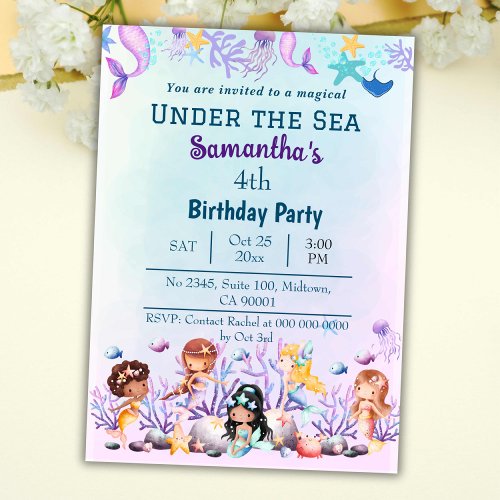 Under the sea mermaid cute kids blue 4th birthday invitation