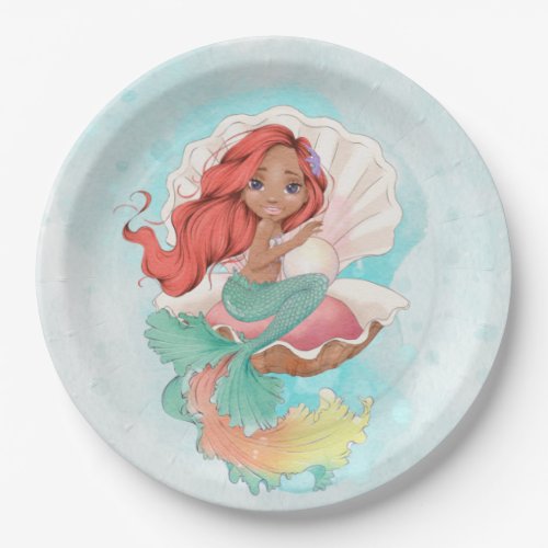 Under the Sea Mermaid Dark Skin in Oyster Shell  Paper Plates