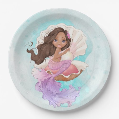 Under the Sea Mermaid Dark Skin in Oyster Shell Paper Plates