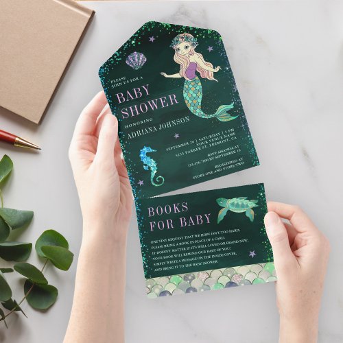 Under the Sea Mermaid Emerald Green Baby Shower All In One Invitation