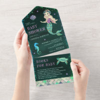 Under the Sea Mermaid Emerald Green Baby Shower All In One Invitation