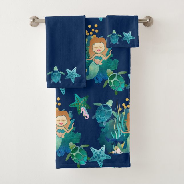 Under the Sea Mermaid Fantasy Blue Bath Towel Set (Insitu)