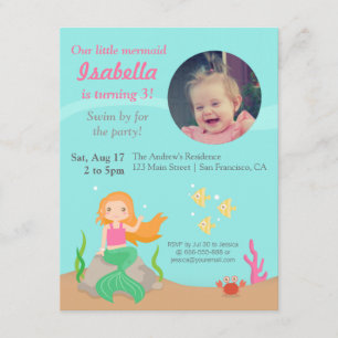 Under the Sea,Mermaid Girl Birthday Party Photo Invitation
