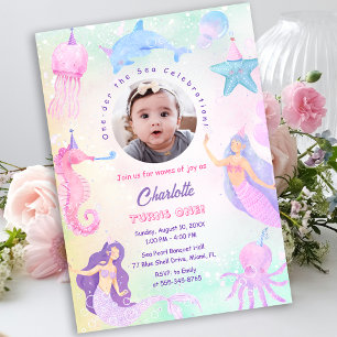 Under the Sea Mermaid Girl Photo 1st Birthday Invitation
