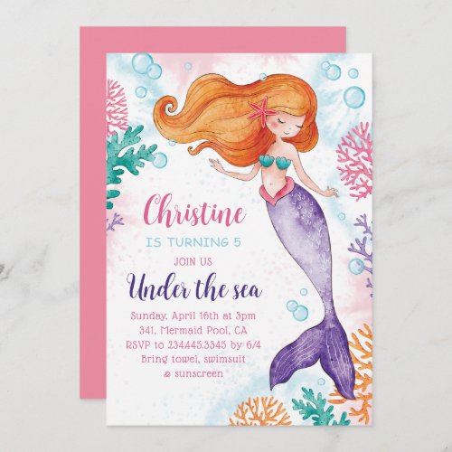 Under The Sea Mermaid Girls Birthday Party Invitation