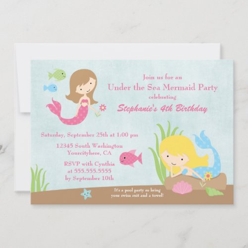 Under the sea mermaid girl's birthday party invite