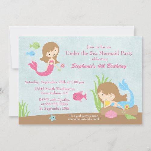 Under the sea mermaid girl's birthday party invite