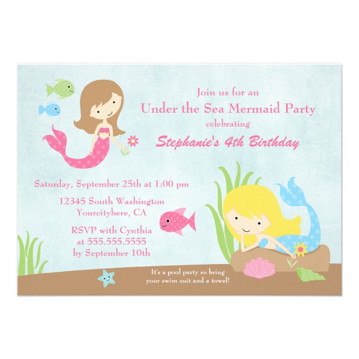 Under the sea mermaid girl's birthday party invite