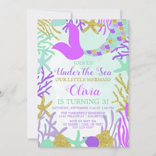 Under the Sea Mermaid Glitter Birthday Party Invitation