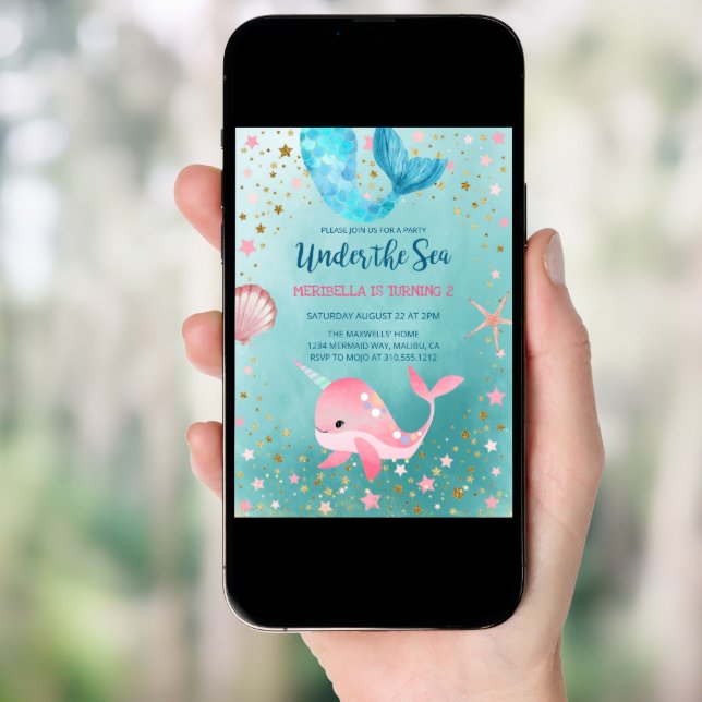 Under the Sea Mermaid Narwhal Birthday Invitation (Front Digital)