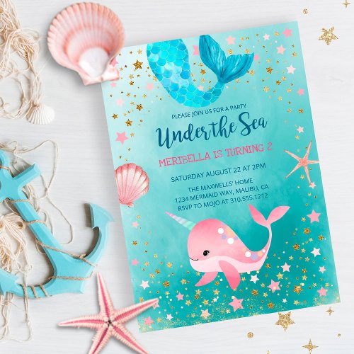 Under the Sea Mermaid Narwhal Birthday Invitation