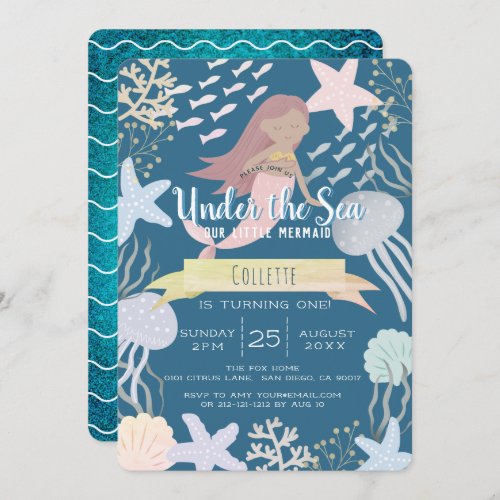 Under the Sea Mermaid Navy 1st Birthday Invitation