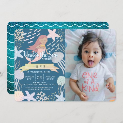 Under the Sea Mermaid Navy Photo1st Birthday  Invitation