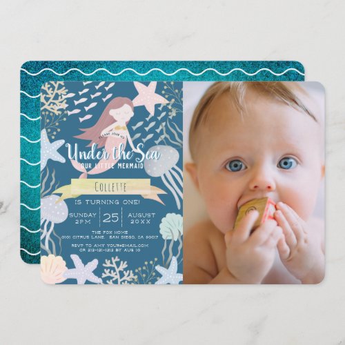 Under the Sea Mermaid Navy Photo 1st Birthday Invitation