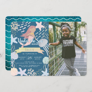 Under the Sea Mermaid Navy Photo Birthday Invitati Invitation
