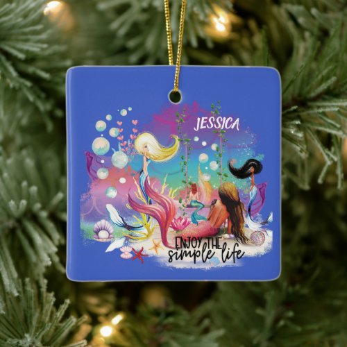 Under The Sea Mermaid Ocean Purple Turquoise Ceramic Ornament