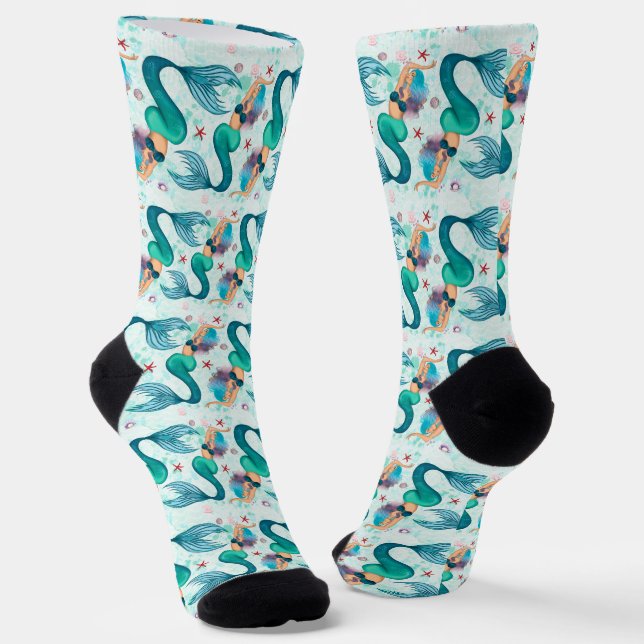 Under The Sea Mermaid Ocean Purple Turquoise Socks (Angled)