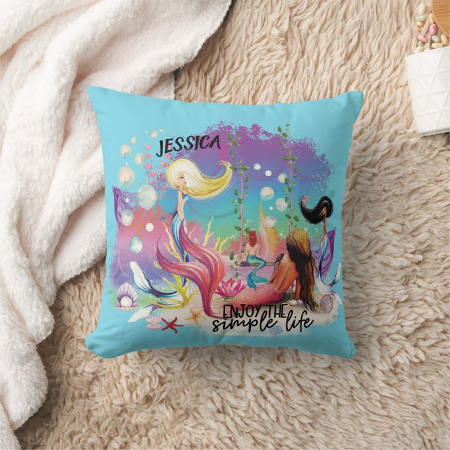 Under The Sea Mermaid Ocean Purple Turquoise Throw Pillow (Blanket)
