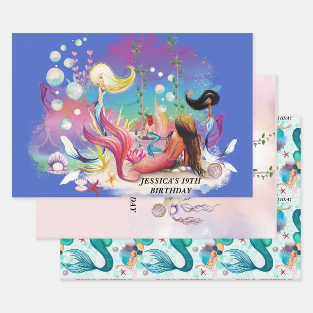 Under The Sea Mermaid Ocean Purple Turquoise Wrapping Paper Sheets (Set)