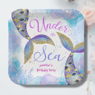 Under The Sea Mermaid Party Girls Blue Teal Paper Plates