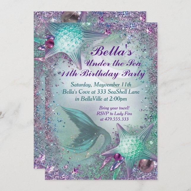 Under the Sea Mermaid Party Invitations (Front/Back)