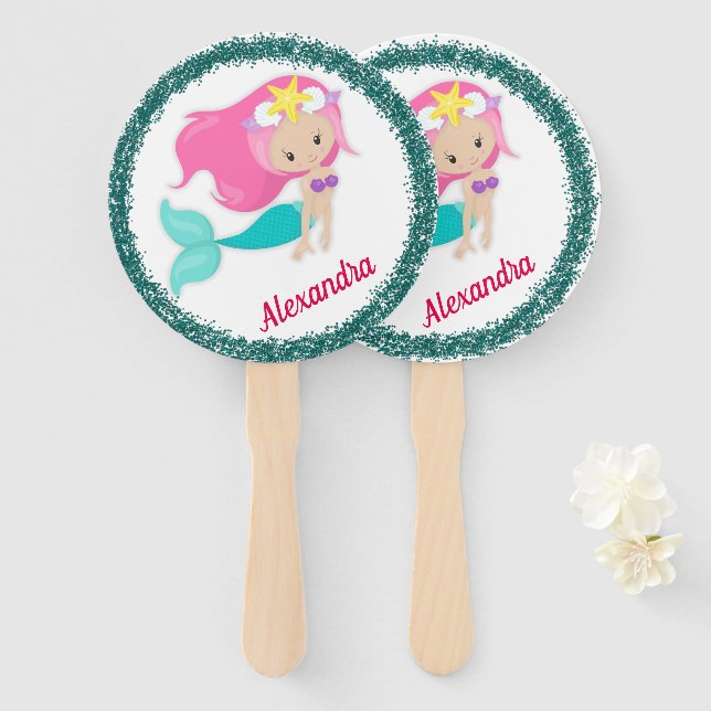Under the Sea Mermaid Party Personalized Hand Fan (Front and Back)