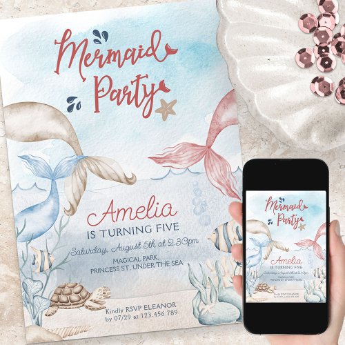 Under the Sea Mermaid Party Watercolor Birthday Invitation