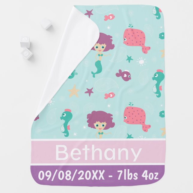 Under the Sea Mermaid Pattern Personalised Baby Blanket (In Situ)