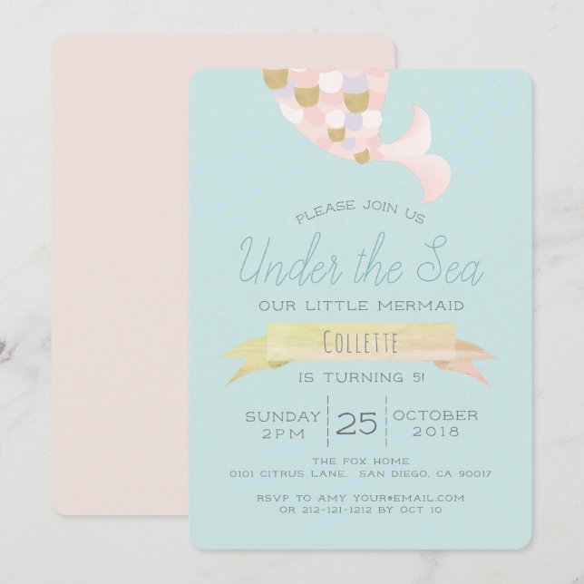 Under the Sea Mermaid Pink Birthday Invitation (Front/Back)