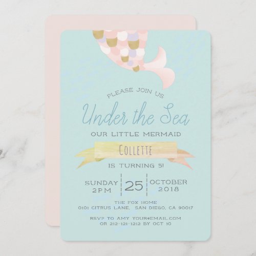 Under the Sea Mermaid Pink Birthday Invitation