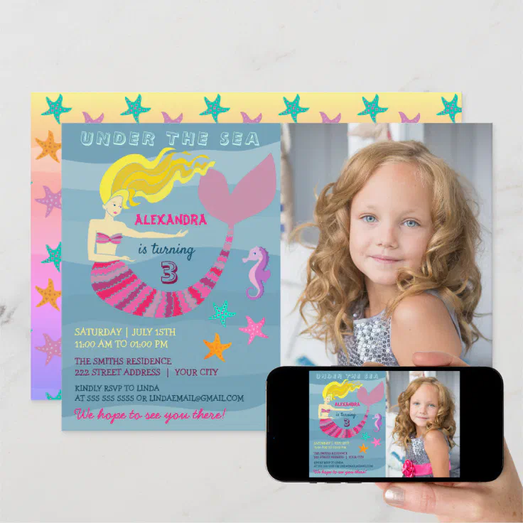 Under The Sea , Mermaid Pink & Purple 3rd Birthday Invitation | Zazzle