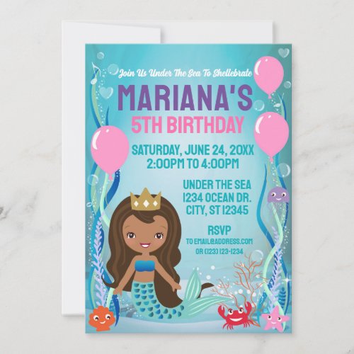 Under The Sea Mermaid Princess blackbrown Invitation