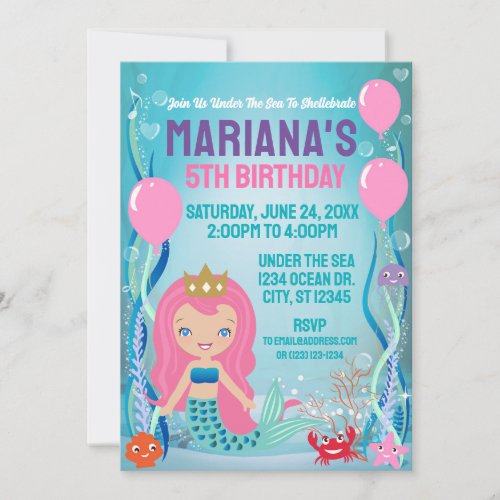 Under The Sea Mermaid Princess pinklight Invitation