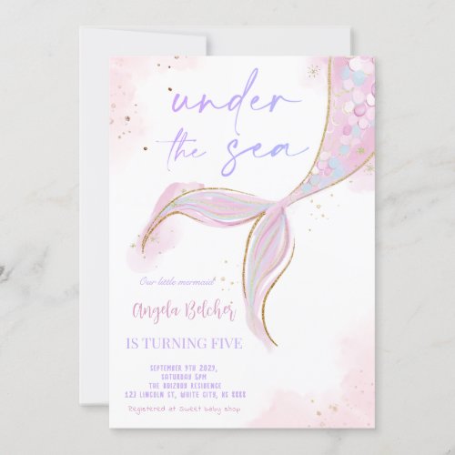Under the Sea Mermaid Purple Teal First birthday Invitation
