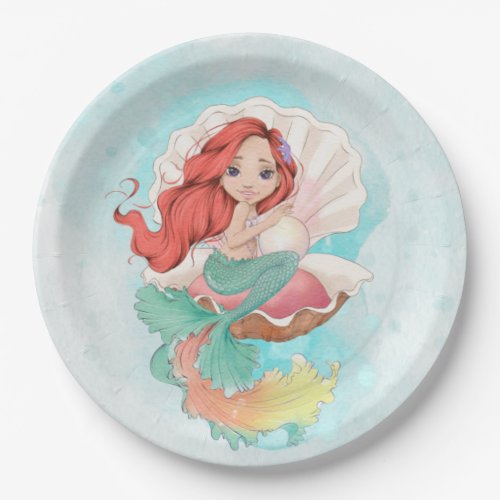 Under the Sea Mermaid Red Hair in Oyster Shell Paper Plates