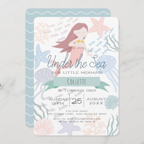 Under the Sea Mermaid Sea Green 1st Birthday Invitation