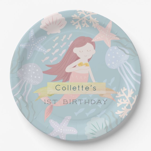 Under the Sea Mermaid Sea Green Birthday Paper Plates (Front)