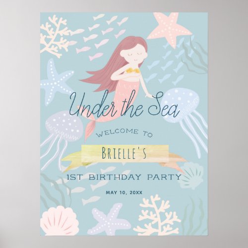Under the Sea Mermaid Sea Green Birthday Welcome Poster