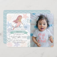 Under the Sea Mermaid Sea Green Photo 1st Birthday Invitation