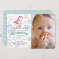 Under the Sea Mermaid Sea Green Photo 1st Birthday Invitation