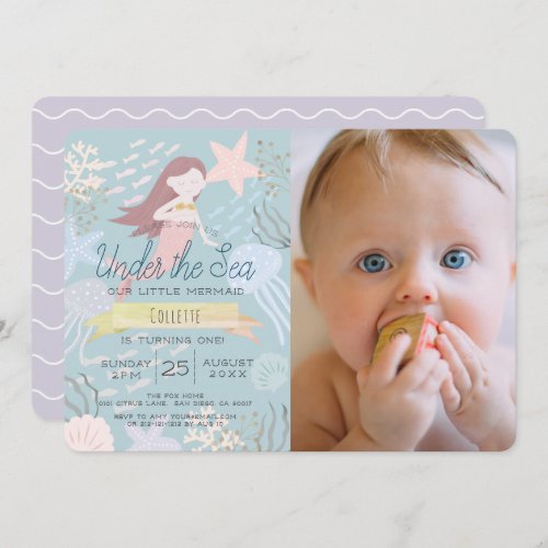 Under the Sea Mermaid Sea Green Photo 1st Birthday Invitation