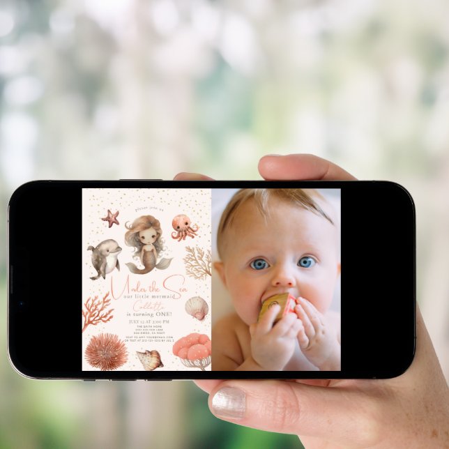 Under the Sea Mermaid Sea Pink 1st Birthday Photo Invitation (Front Digital)