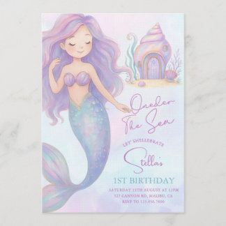 Under the Sea Mermaid Sea Purple Girl 1st Birthday Invitation