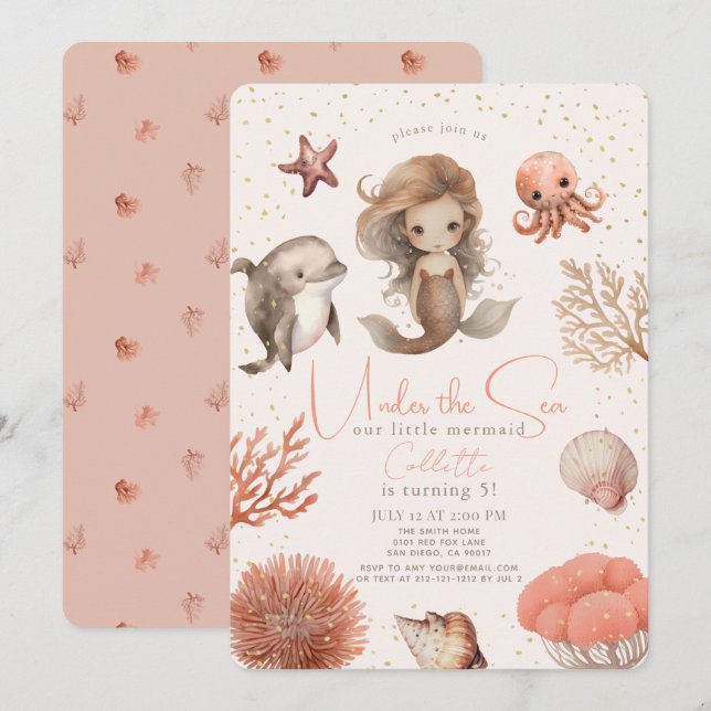 Under the Sea Mermaid Sea Watercolor Pink Birthday Invitation (Front/Back)