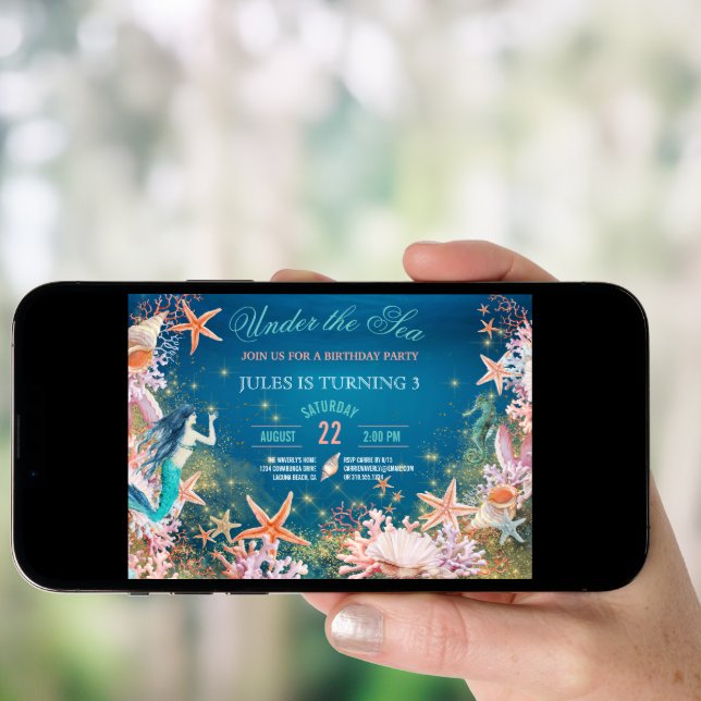 Under The Sea Mermaid Seahorse Seashells Birthday Invitation (Front Digital)