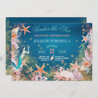 Under The Sea Mermaid Seahorse Seashells Birthday Invitation