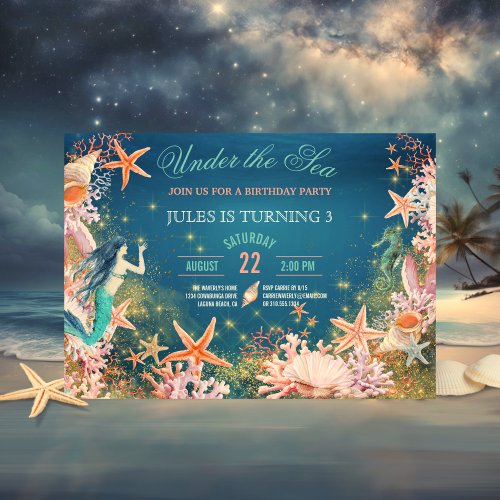 Under The Sea Mermaid Seahorse Seashells Birthday Invitation